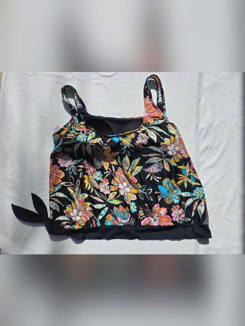 Maxine of Hollywood Black Floral Tankini Top with Multicolor Blooms Size 18